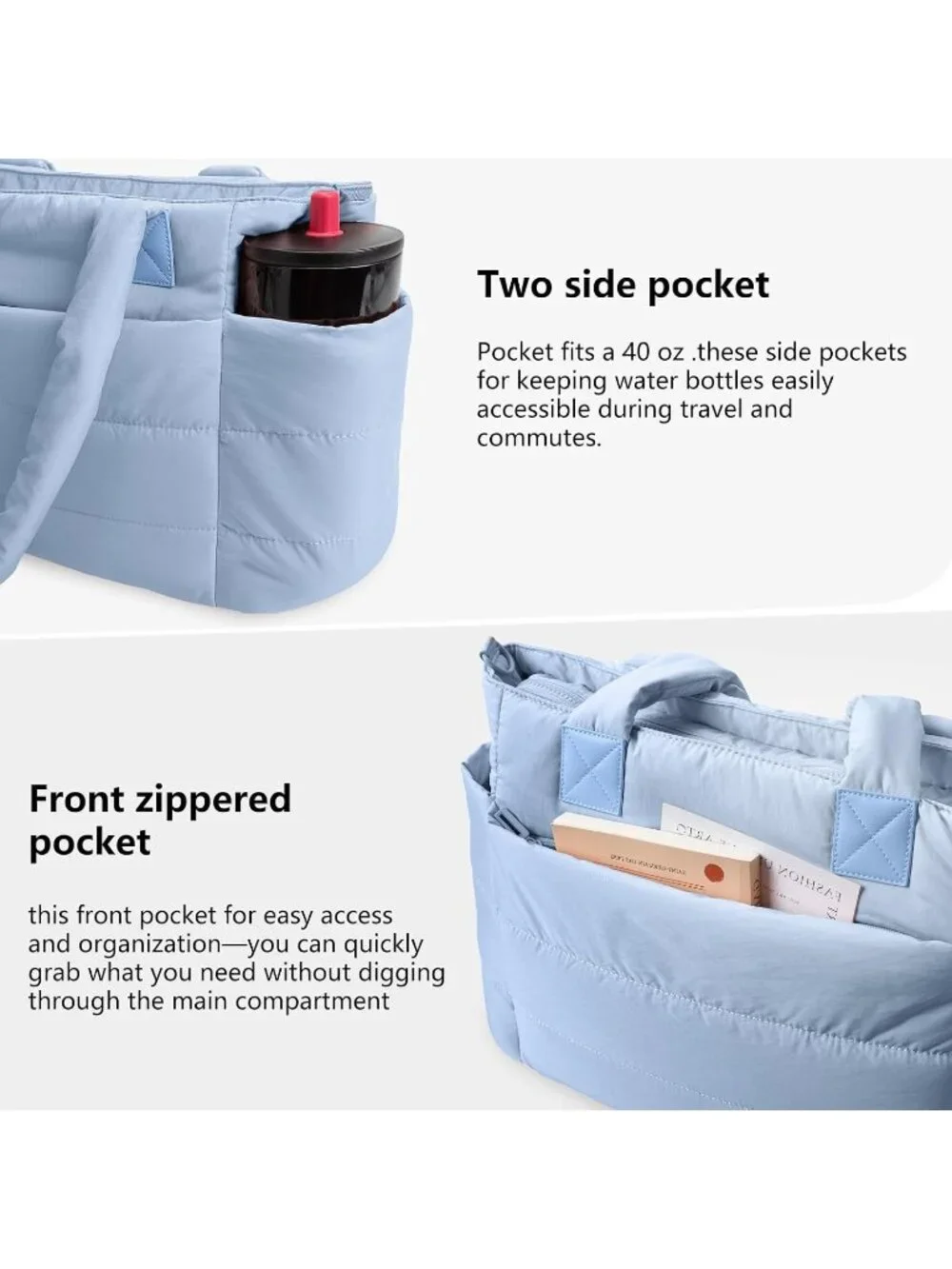 👜Women's Ice Blue Quilted Puffer Tote Bag Lightweight Work For Travel Handbags